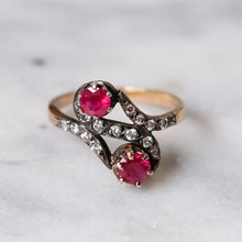 Load image into Gallery viewer, Antique Art Deco 18K Rose Gold with Silver Ruby and Diamond Swirl Ring
