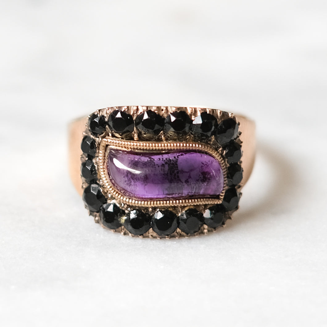 Antique Georgian 9K Rose Gold Amethyst with Jet Stone Halo Mourning Ring