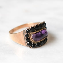 Load image into Gallery viewer, Antique Georgian 9K Rose Gold Amethyst with Jet Stone Halo Mourning Ring
