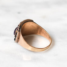 Load image into Gallery viewer, Antique Georgian 9K Rose Gold Amethyst with Jet Stone Halo Mourning Ring
