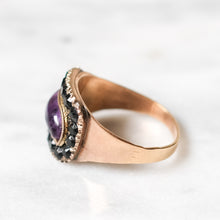 Load image into Gallery viewer, Antique Georgian 9K Rose Gold Amethyst with Jet Stone Halo Mourning Ring
