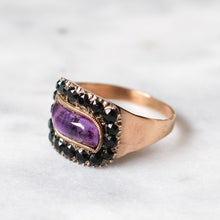 Load image into Gallery viewer, Antique Georgian 9K Rose Gold Amethyst with Jet Stone Halo Mourning Ring
