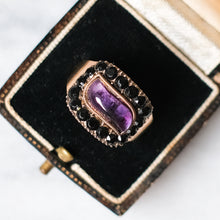 Load image into Gallery viewer, Antique Georgian 9K Rose Gold Amethyst with Jet Stone Halo Mourning Ring
