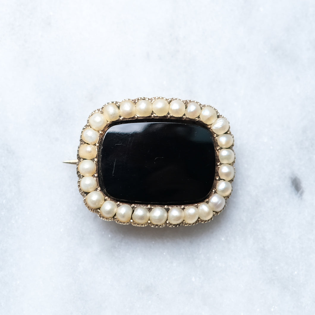 Victorian Early 19th Century 14K Onyx and Seed Pearl Mourning Brooch