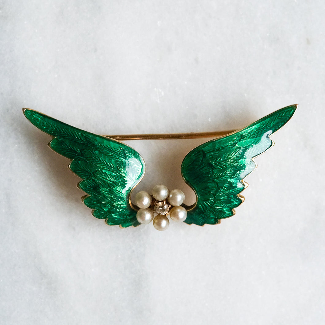 Victorian 14K Yellow Gold Enamel Pearls and Diamond Angel Wings Brooch