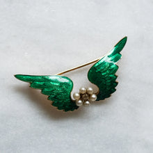 Load image into Gallery viewer, Victorian 14K Yellow Gold Enamel Pearls and Diamond Angel Wings Brooch
