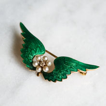 Load image into Gallery viewer, Victorian 14K Yellow Gold Enamel Pearls and Diamond Angel Wings Brooch
