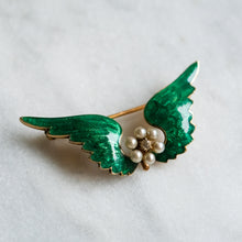 Load image into Gallery viewer, Victorian 14K Yellow Gold Enamel Pearls and Diamond Angel Wings Brooch
