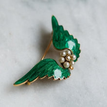 Load image into Gallery viewer, Victorian 14K Yellow Gold Enamel Pearls and Diamond Angel Wings Brooch
