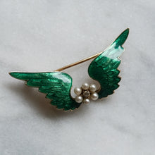 Load image into Gallery viewer, Victorian 14K Yellow Gold Enamel Pearls and Diamond Angel Wings Brooch
