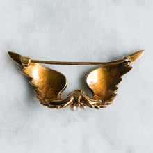 Load image into Gallery viewer, Victorian 14K Yellow Gold Enamel Pearls and Diamond Angel Wings Brooch
