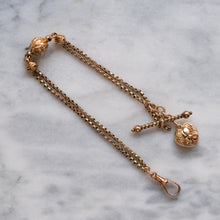 Load image into Gallery viewer, Victorian 9K Rose Gold Albertina Watch Chain with Repousse Heart and Floral Ball and T-Bar
