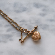 Load image into Gallery viewer, Victorian 9K Rose Gold Albertina Watch Chain with Repousse Heart and Floral Ball and T-Bar
