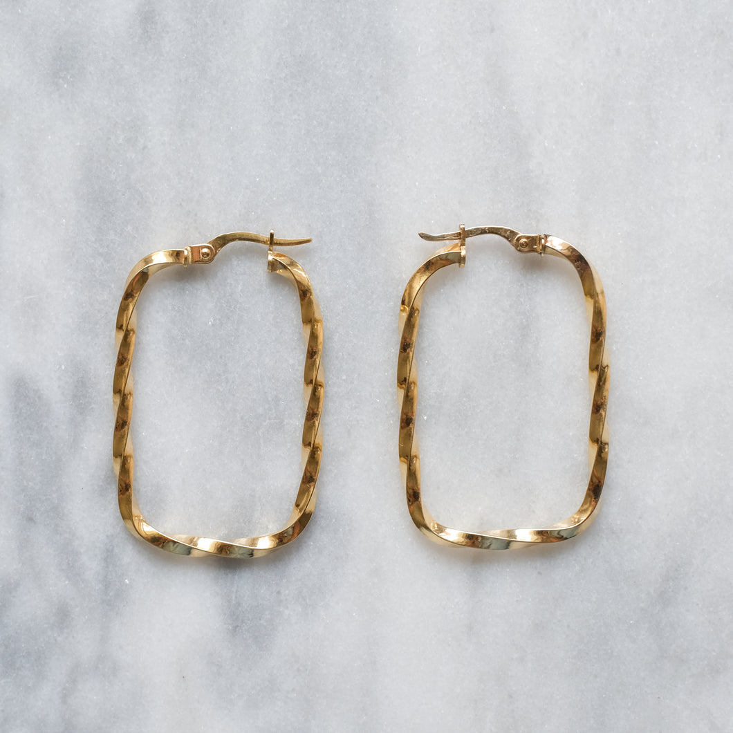 Vintage 9K Yellow Gold Rectangle Twist Hoop Earrings