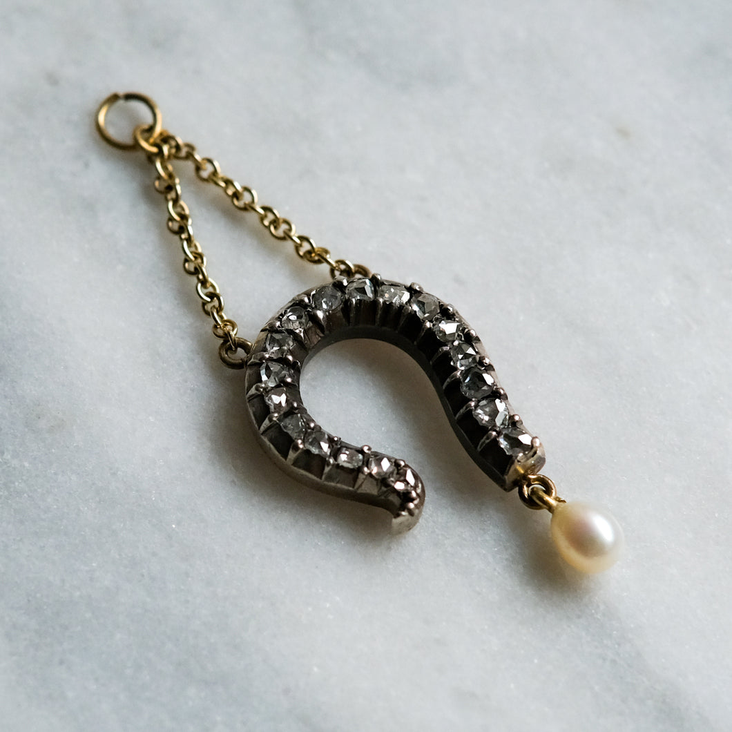 Victorian Gold and Silver Diamond and Pearl Question Mark Pendant