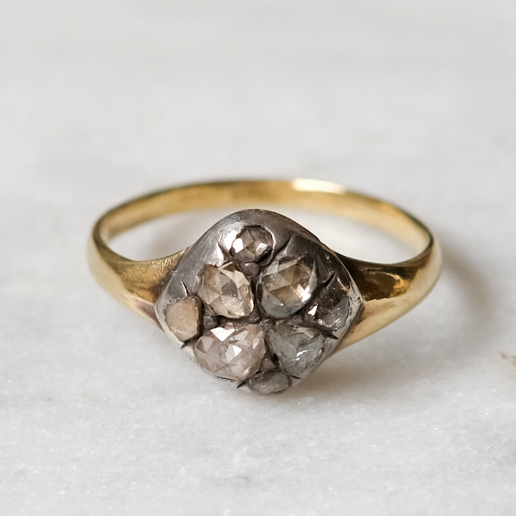 Georgian 18K Yellow Gold Rose Cut Diamond Floral Cluster Ring