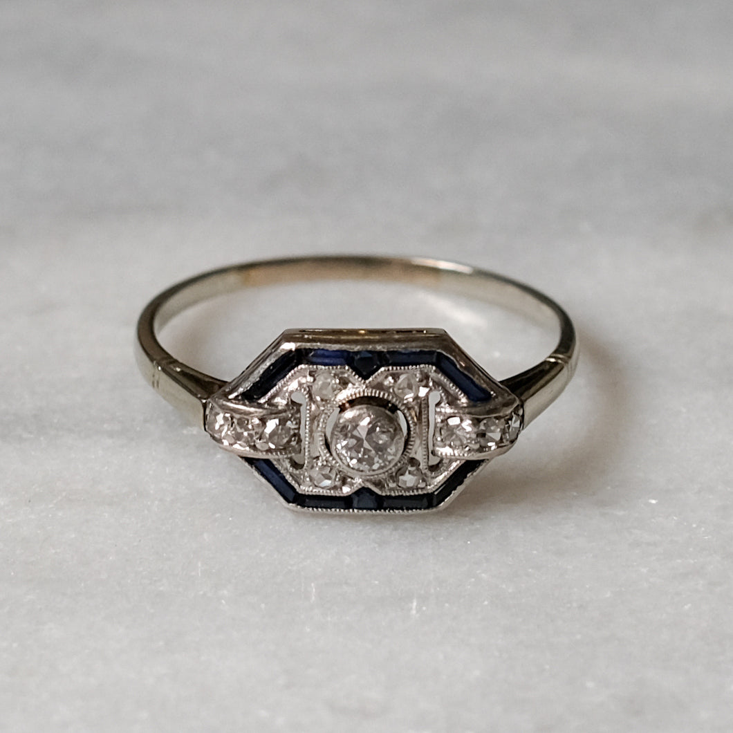 Art Deco 14K White Gold Diamond and Sapphire Ring
