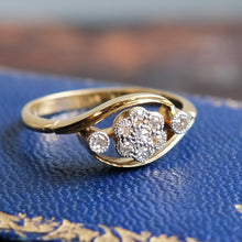 Load image into Gallery viewer, Antique 18K Yellow Gold and Platinum Floral Cluster Diamond Bypass Ring
