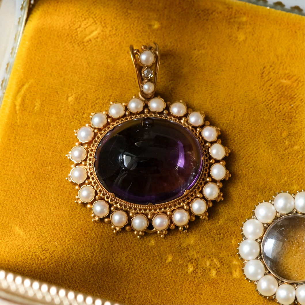 RESERVED FOR A: Antique Victorian Etruscan Revival 18K Yellow Gold Amethyst with Diamond and Pearls Pendant