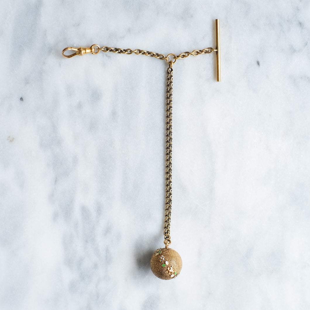 Victorian 14K Gold Pocket Watch Chain and T-Bar with 18K Textured Enamel Flower Ball Fob Charm