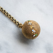 Load image into Gallery viewer, Victorian 14K Gold Pocket Watch Chain and T-Bar with 18K Textured Enamel Flower Ball Fob Charm
