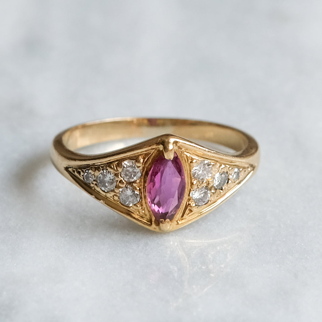 Vintage 18K Yellow Gold Marquise Pink Sapphire and Diamond Ring