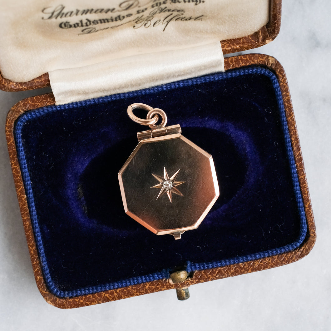 Antique Edwardian 10K Rose Gold Diamond Starburst Locket