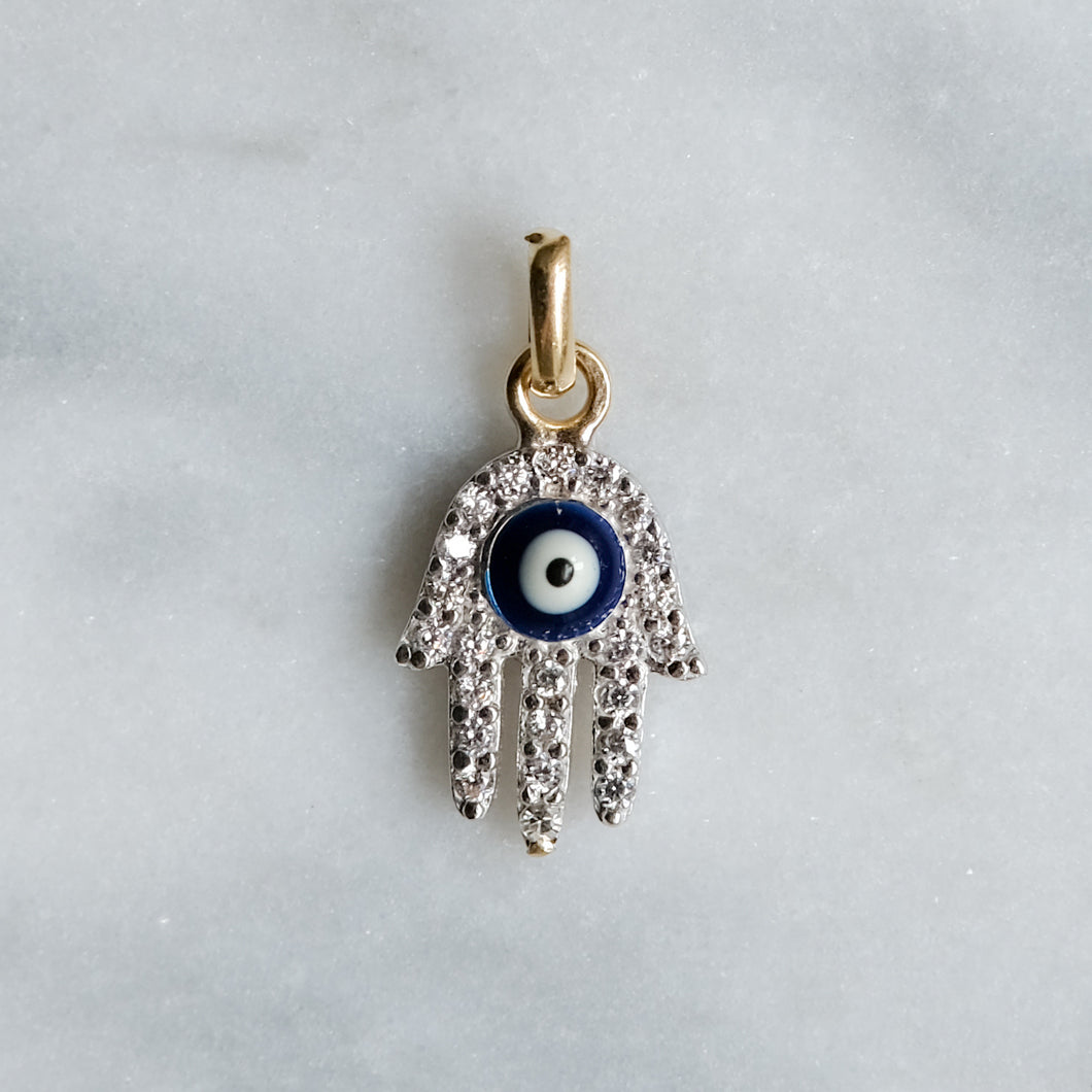 RESERVED for S: Vintage 14K Yellow and White Gold Evil Eye and Hamsa Diamond Pendant