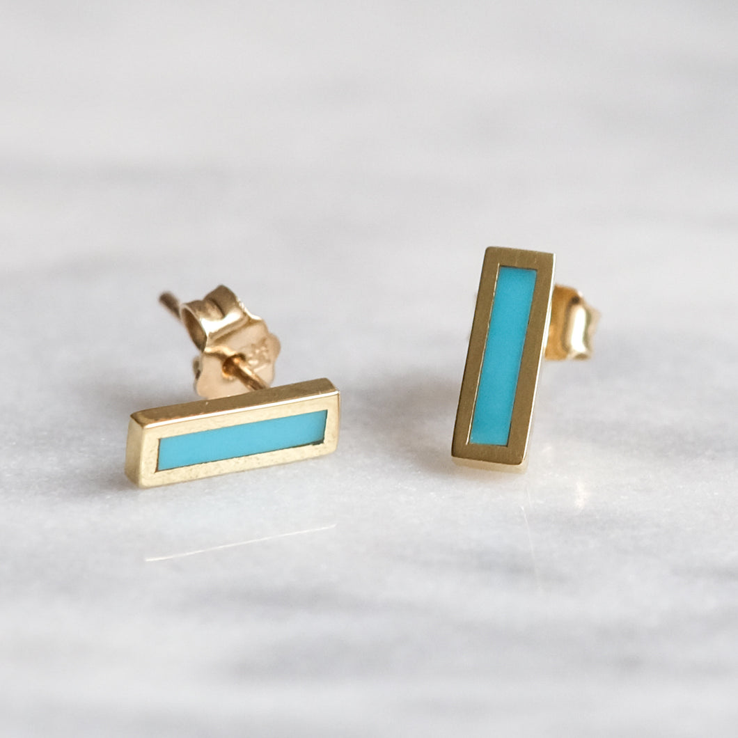 18K Yellow Gold Turquoise Inlay Bar Stud Earrings by Jennifer Meyer