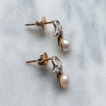 Load image into Gallery viewer, Victorian 14K Rose Gold and Silver Old Mine Cut Diamond Pearl Stud Earrings
