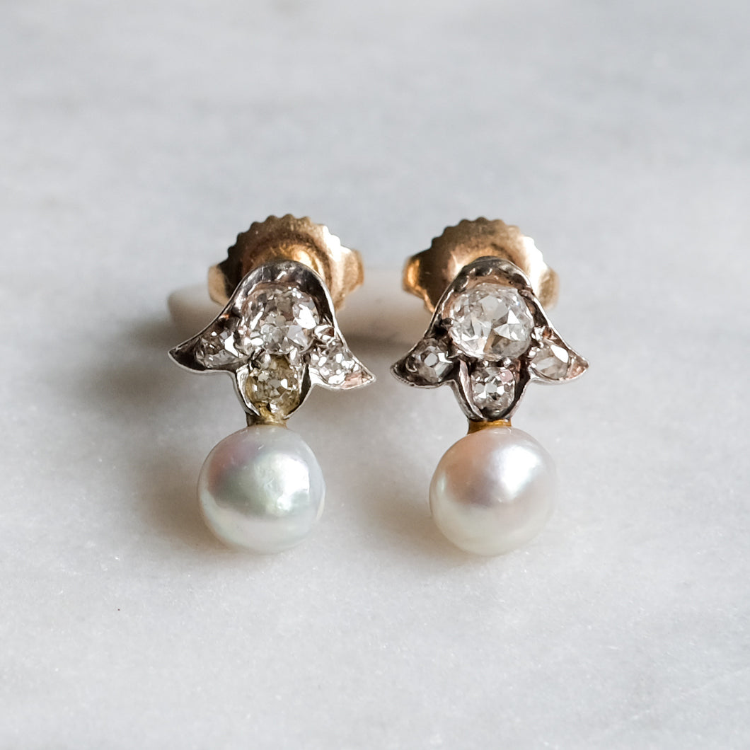 Victorian 14K Rose Gold and Silver Old Mine Cut Diamond Pearl Stud Earrings