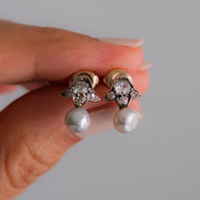 Load image into Gallery viewer, Victorian 14K Rose Gold and Silver Old Mine Cut Diamond Pearl Stud Earrings
