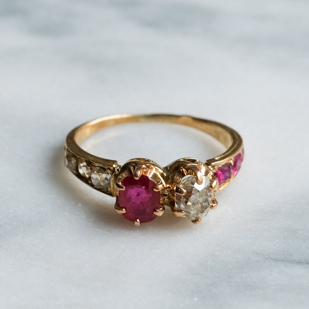 Antique Victorian Burmese Ruby and Diamond Toi et Moi Ring