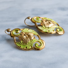 Load image into Gallery viewer, Art Nouveau Repousse Enamel Hibiscus Floral Earrings
