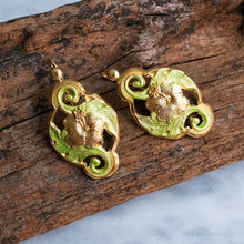 Load image into Gallery viewer, Art Nouveau Repousse Enamel Hibiscus Floral Earrings
