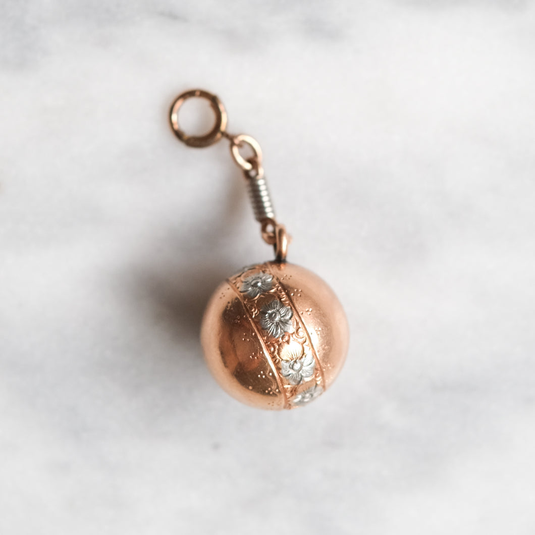 Art Deco 12K Rose Gold and Platinum Floral Embossed Ball Pendant