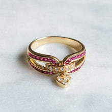 Load image into Gallery viewer, Vintage 18K Yellow Gold Diamond Ruby with Heart Charm Ring by Mouawad
