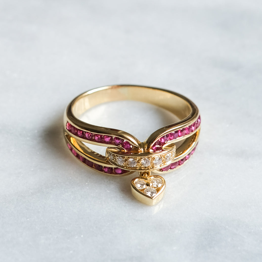 Vintage 18K Yellow Gold Diamond Ruby with Heart Charm Ring by Mouawad