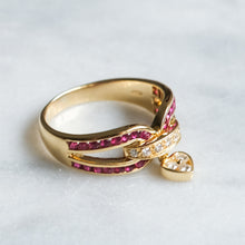 Load image into Gallery viewer, Vintage 18K Yellow Gold Diamond Ruby with Heart Charm Ring by Mouawad
