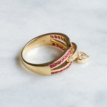 Load image into Gallery viewer, Vintage 18K Yellow Gold Diamond Ruby with Heart Charm Ring by Mouawad
