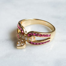 Load image into Gallery viewer, Vintage 18K Yellow Gold Diamond Ruby with Heart Charm Ring by Mouawad
