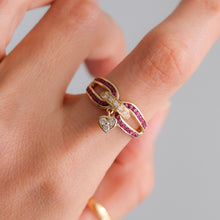 Load image into Gallery viewer, Vintage 18K Yellow Gold Diamond Ruby with Heart Charm Ring by Mouawad
