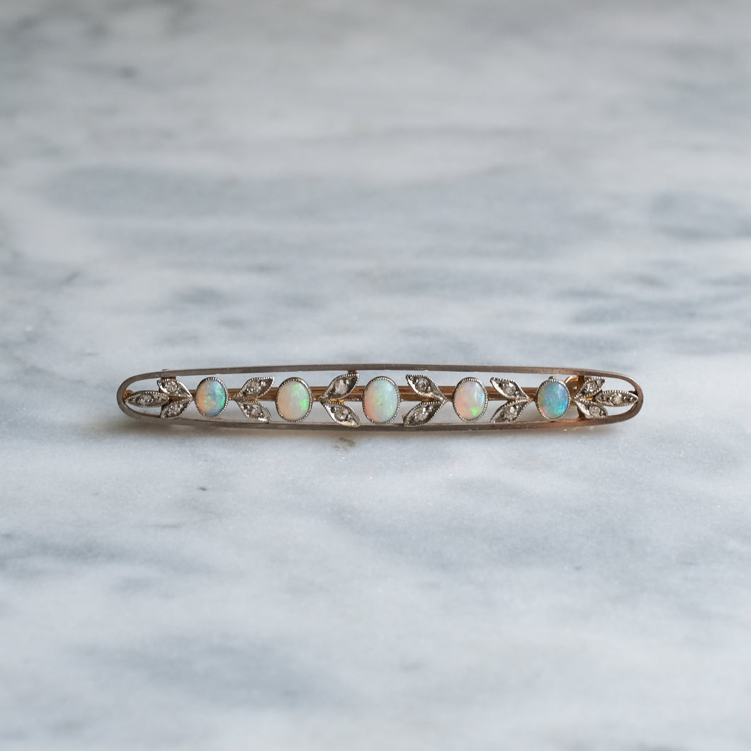 Edwardian 15K Rose Gold Opal and Diamond Floral Bar Brooch