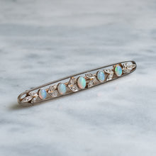 Load image into Gallery viewer, Edwardian 15K Rose Gold Opal and Diamond Floral Bar Brooch
