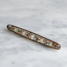 Load image into Gallery viewer, Edwardian 15K Rose Gold Opal and Diamond Floral Bar Brooch
