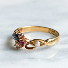 Load image into Gallery viewer, Art Nouveau 18K Yellow Gold Diamond, Ruby, Sapphire Clover and Pearl Ring
