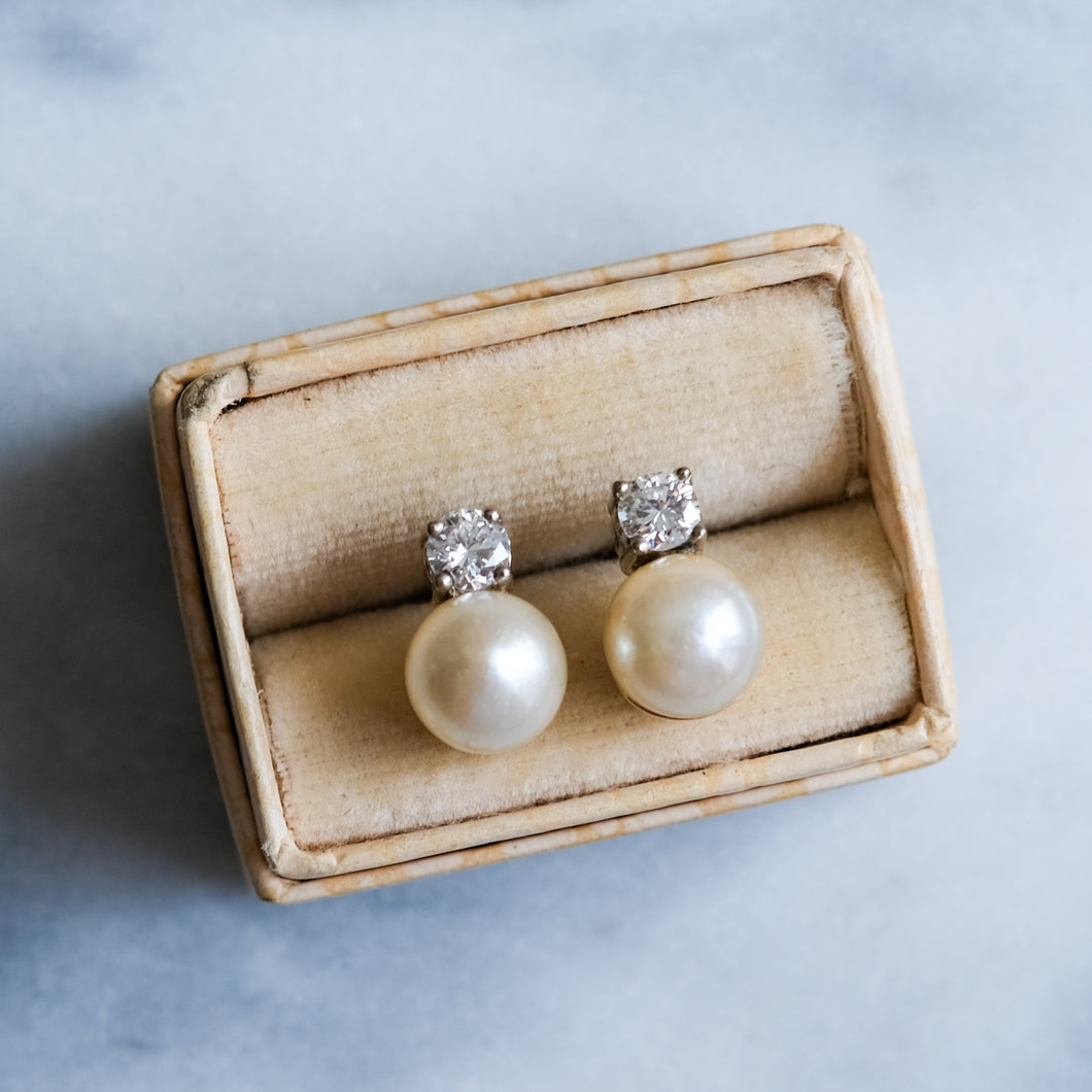 Vintage Cultured Pearl and Brilliant Cut Diamond Stud Earrings