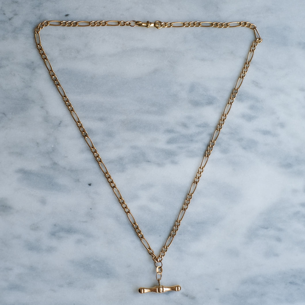 Vintage 9K Yellow Gold Figaro Watch Chain with T-Bar