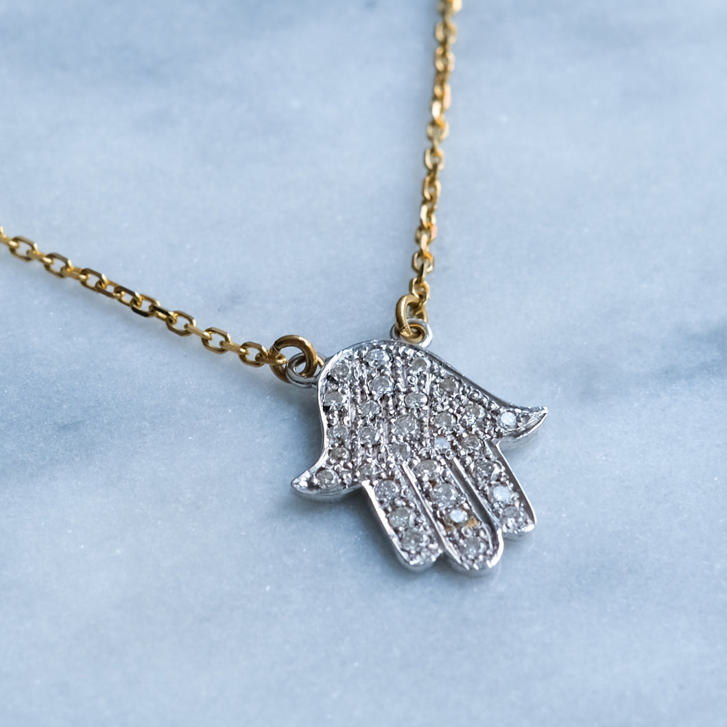 Vintage 16 Inch Diamond Hamsa / Hand Fatima Pendant Necklace