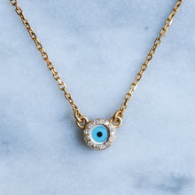 Load image into Gallery viewer, Vintage 16 Inch Diamond and Mother of Pearl Evil Eye Pendant Necklace
